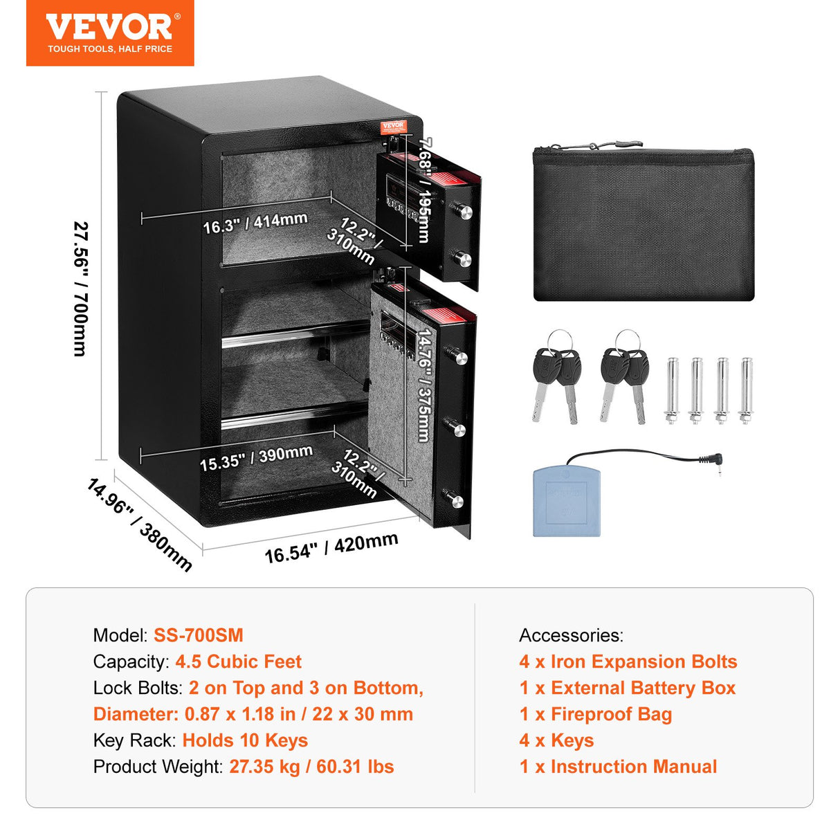 Orta Safe Box, 4.5 cu.ft, Double Door, Key and Digital Lock