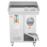 Stainless steel meat slicer shown with prepared boneless meat