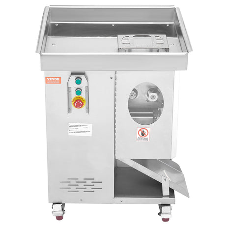Stainless steel meat slicer shown with prepared boneless meat