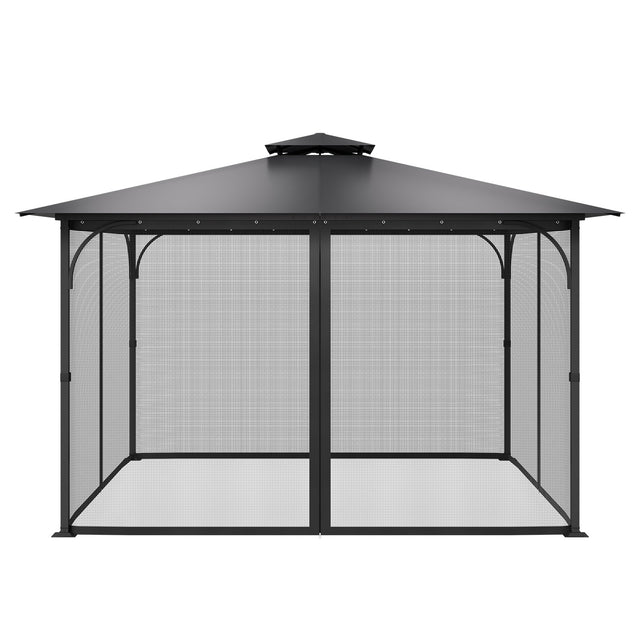 Gazebo fitted with four panel mesh netting side walls in a garden