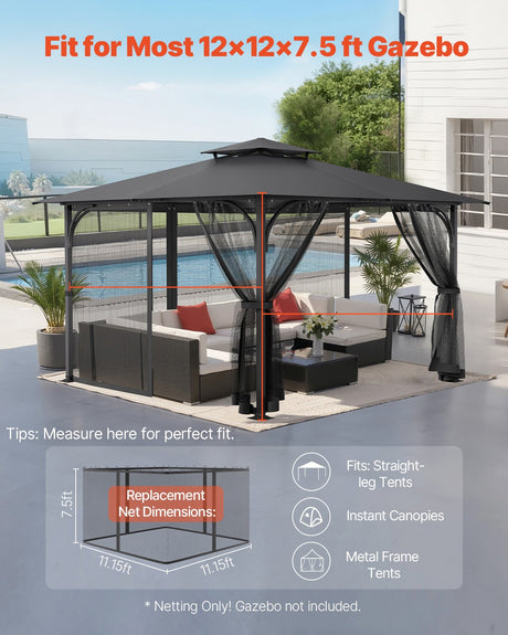 Mesh netting enclosing all four sides of a square gazebo frame