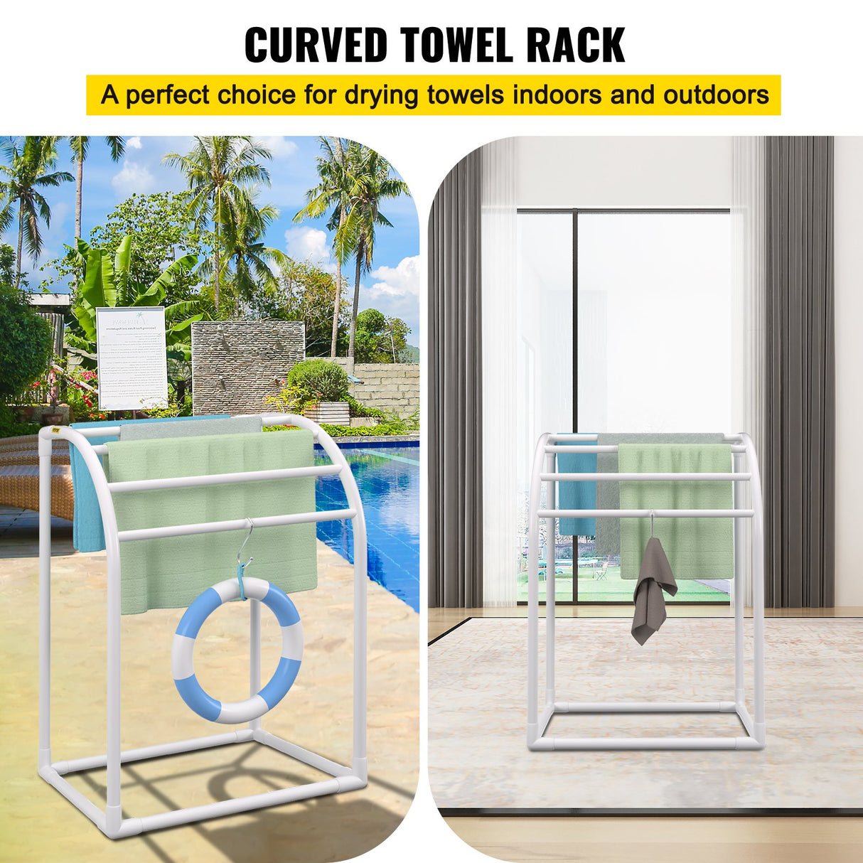 VEVOR 5-Bar Milky White Freestanding Pool Towel Rack — PVC Curved, 8 Clips, Mesh Bag — Allure Home Collections