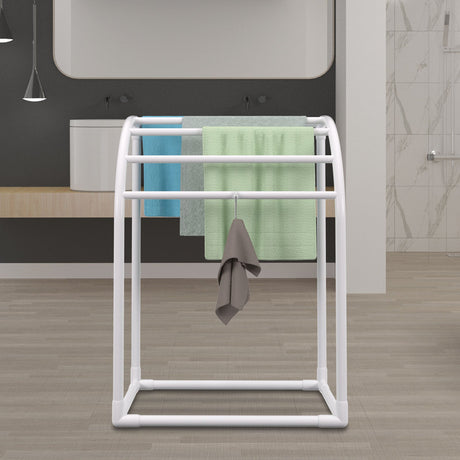 VEVOR 5-Bar Milky White Freestanding Pool Towel Rack — PVC Curved, 8 Clips, Mesh Bag — Allure Home Collections