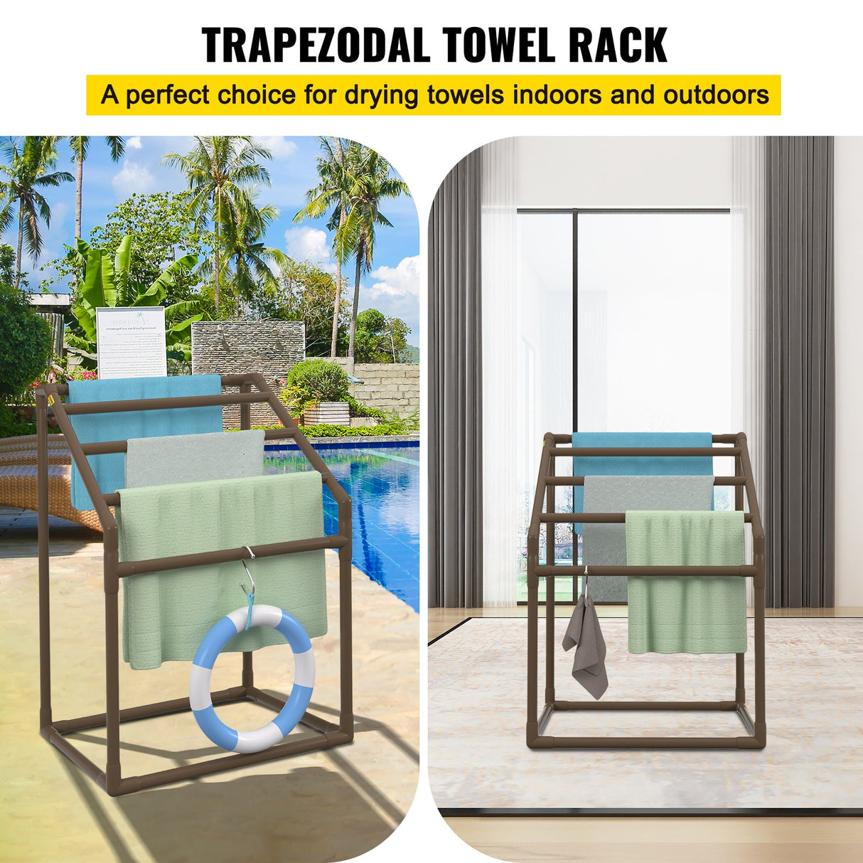 VEVOR 5-Bar Brown Freestanding Pool Towel Rack — PVC Trapezoidal, 8 Clips, Mesh Bag — Allure Home Collections