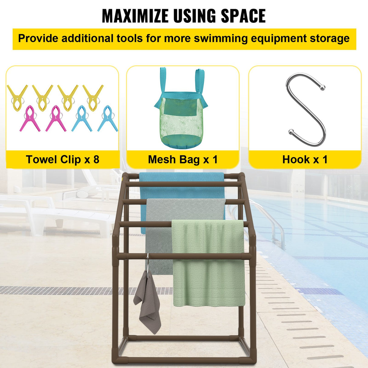 VEVOR 5-Bar Brown Freestanding Pool Towel Rack — PVC Trapezoidal, 8 Clips, Mesh Bag — Allure Home Collections