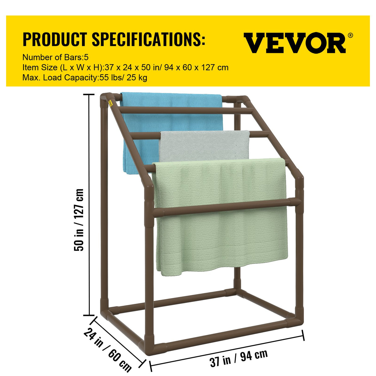 VEVOR 5-Bar Brown Freestanding Pool Towel Rack — PVC Trapezoidal, 8 Clips, Mesh Bag — Allure Home Collections