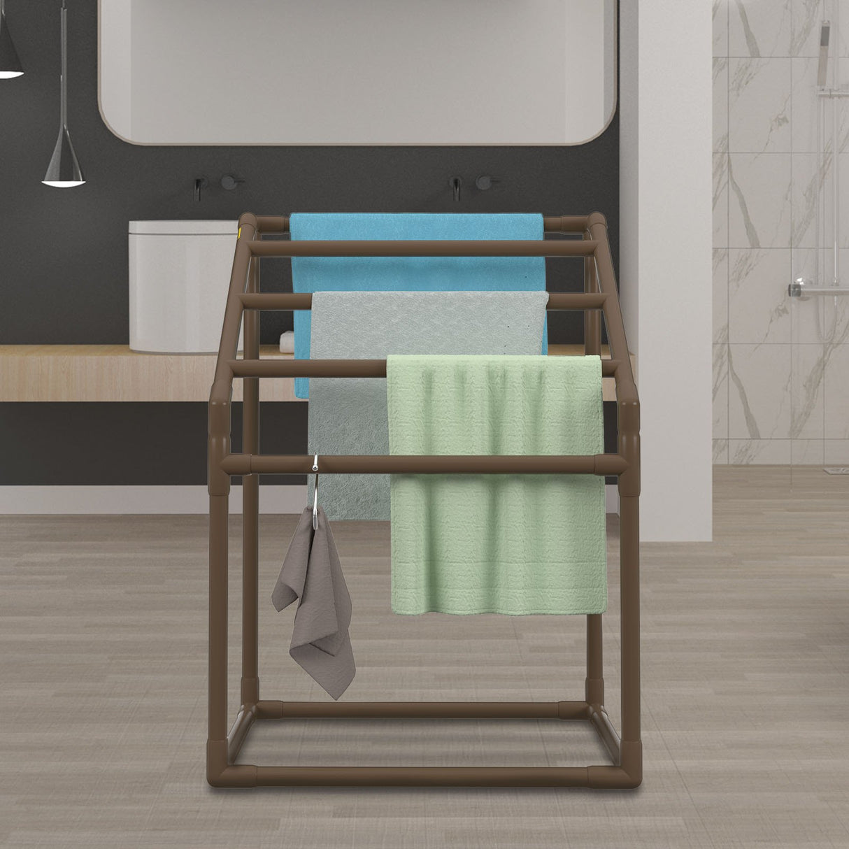 VEVOR 5-Bar Brown Freestanding Pool Towel Rack — PVC Trapezoidal, 8 Clips, Mesh Bag — Allure Home Collections