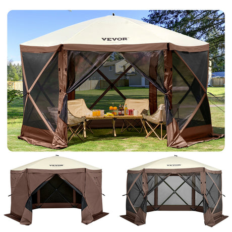 Six sided pop up camping gazebo pitched outdoors with screen walls closed