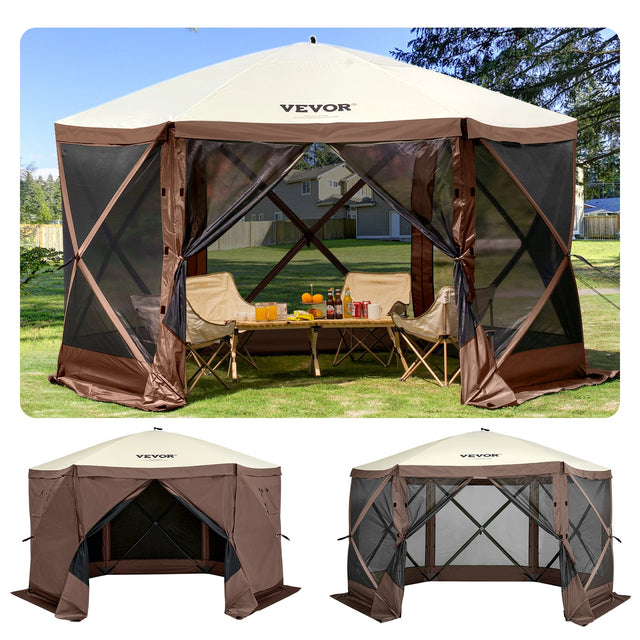 Six sided pop up camping gazebo pitched outdoors with screen walls closed