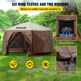 Angled view of the 3 x 3 m camping shelter showing its hexagonal roof