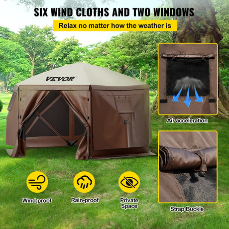 Angled view of the 3 x 3 m camping shelter showing its hexagonal roof