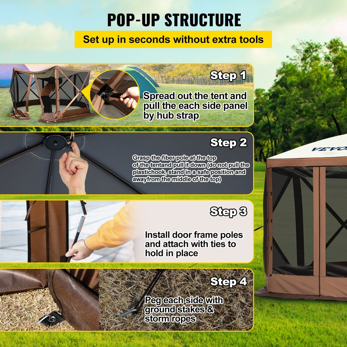 Side cloth with ventilation window on the pop up screen tent