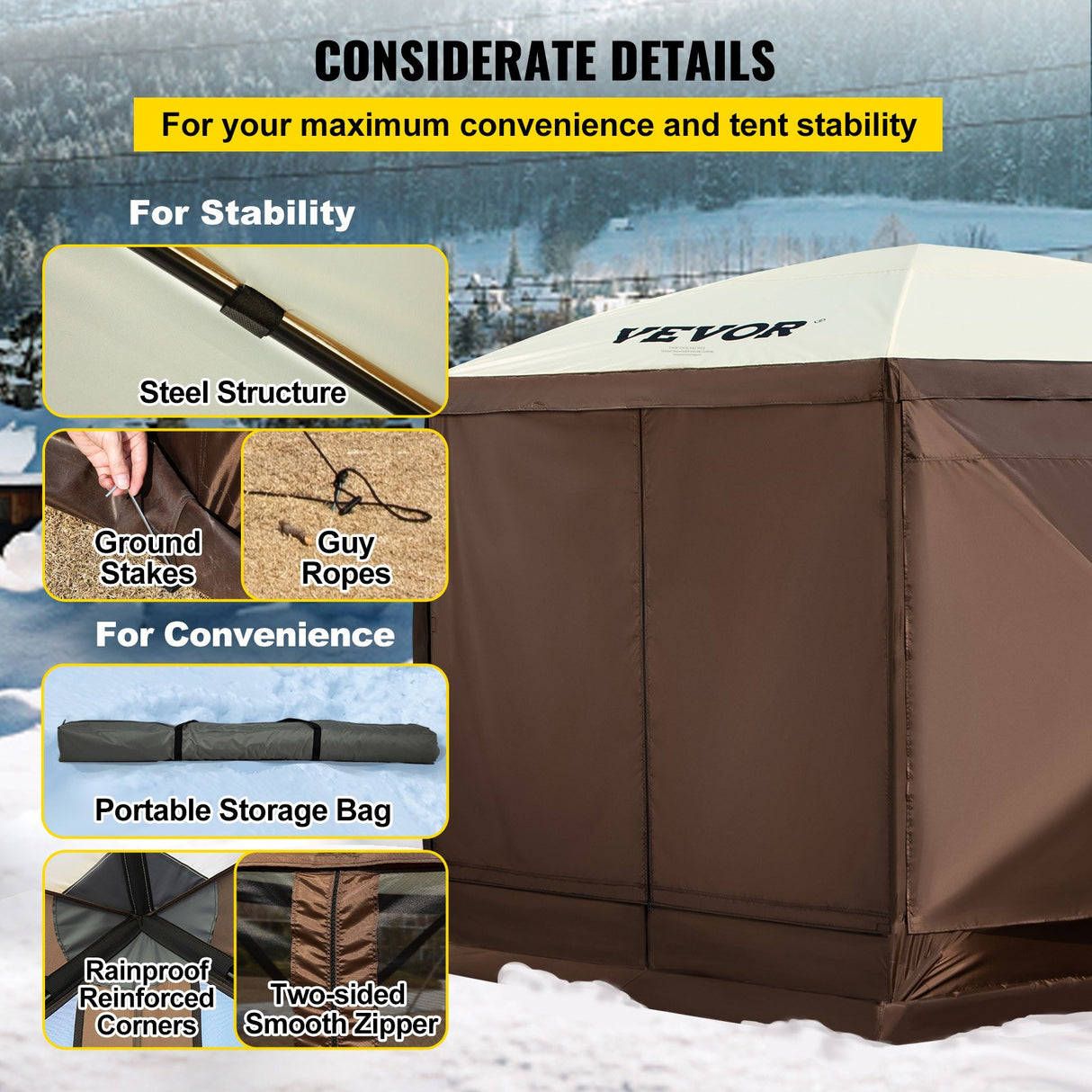 Two sided zipper on the camping gazebo door