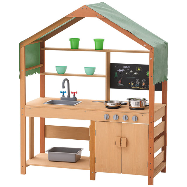 Wooden mud kitchen outdoor play set with striped canopy