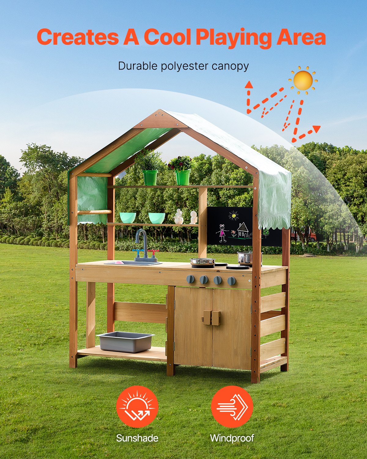 Wooden mud kitchen showing sink and stove play area