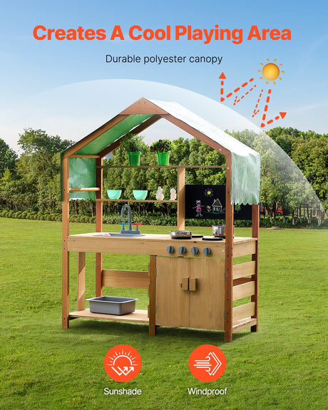 Wooden mud kitchen showing sink and stove play area