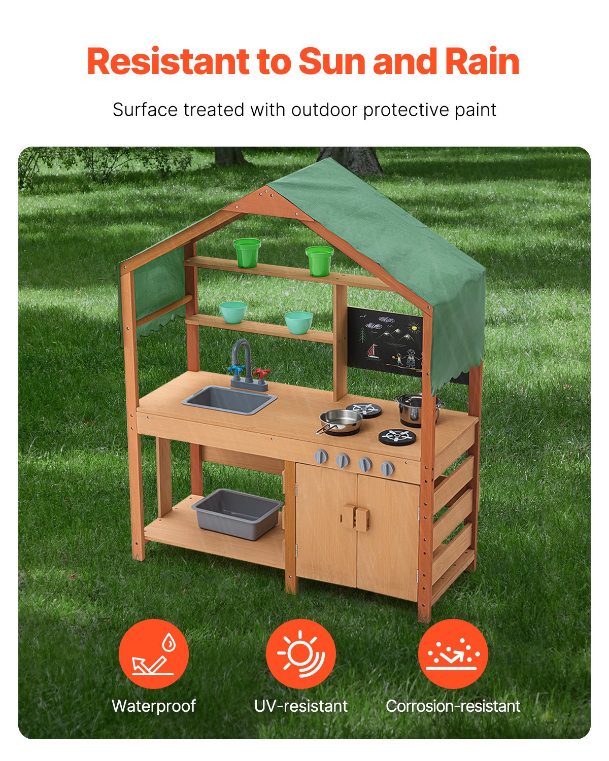 Wooden mud kitchen with magnetic chalkboard