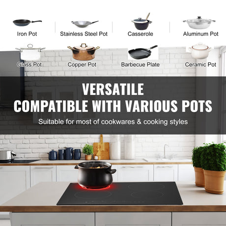 Four pots cooking at once on the 6000W ceramic cooktop