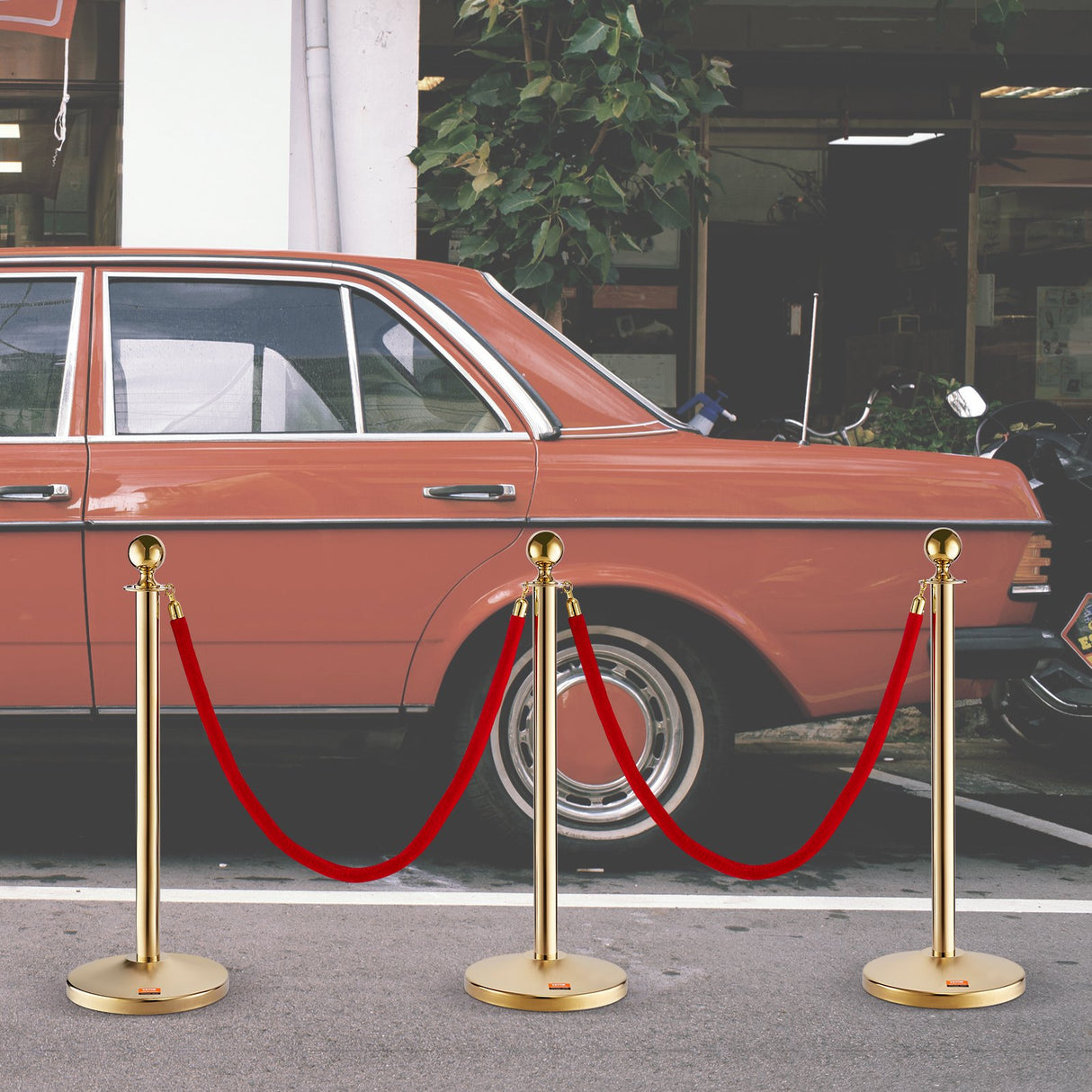 Crowd control stanchion set with red velvet rope