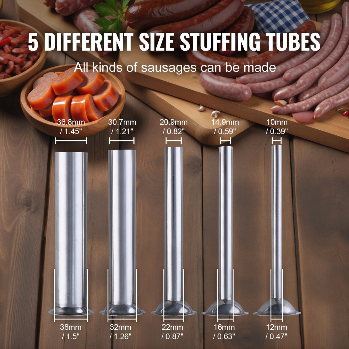 Five stainless steel stuffing tubes in different diameters