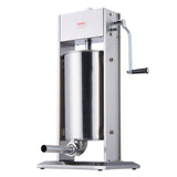 Manual sausage stuffer in use in a commercial kitchen setting