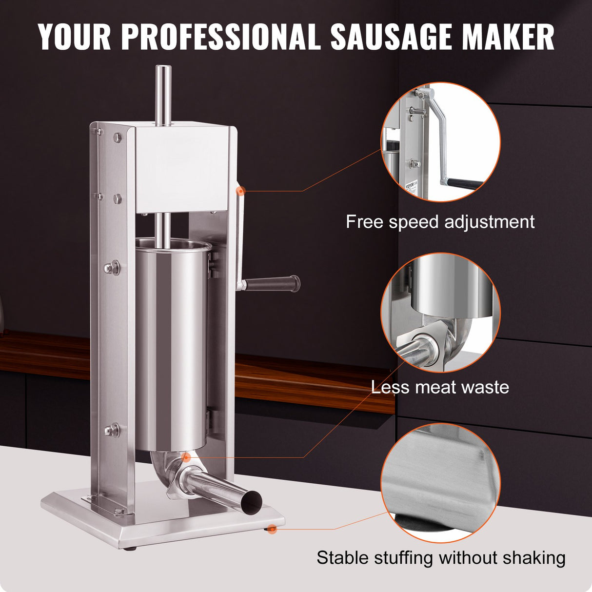 Two speed gearbox and crank handle on the 5 L sausage stuffer