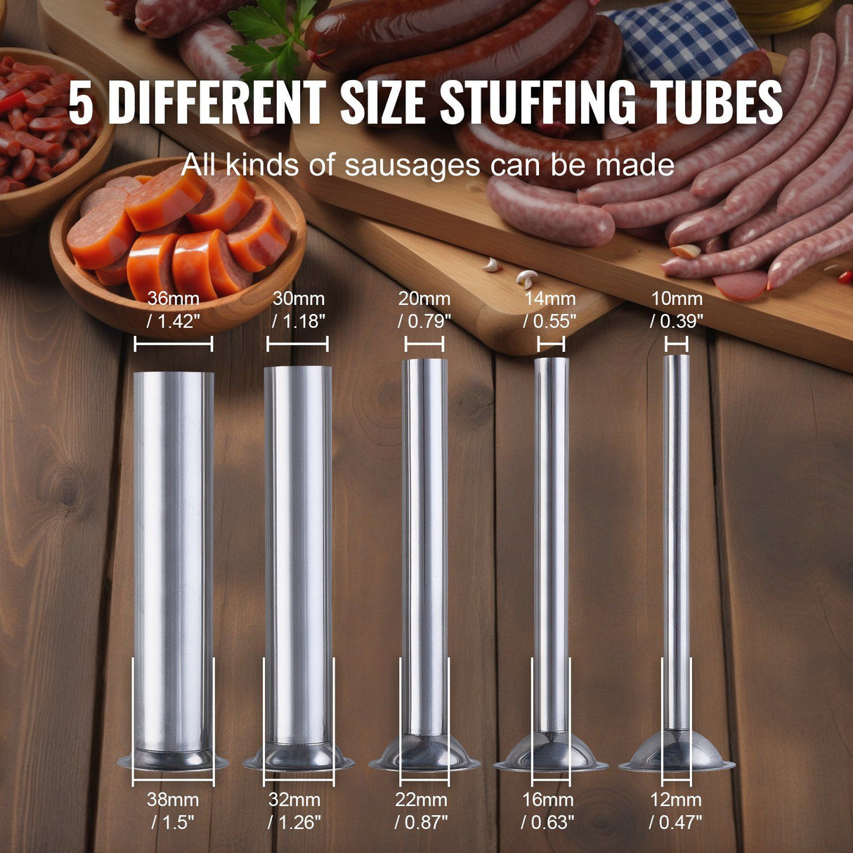 Five stainless steel stuffing tubes in different diameters