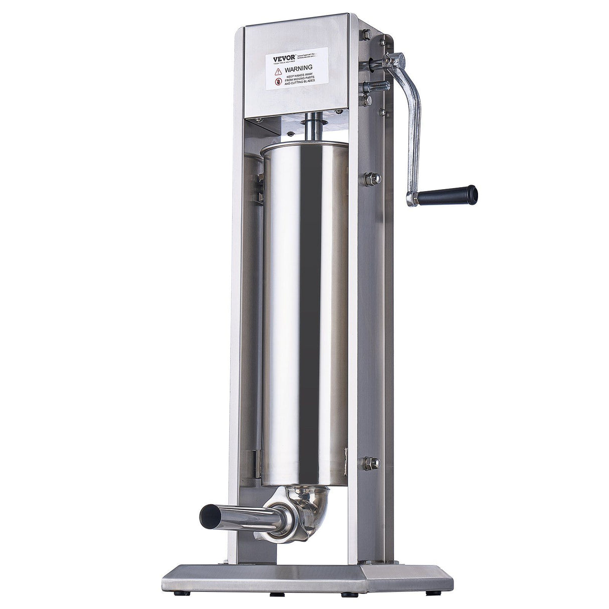 Vertical manual sausage stuffer in use in a commercial kitchen