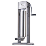 Vertical manual sausage stuffer in use in a commercial kitchen
