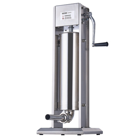 Vertical manual sausage stuffer in use in a commercial kitchen