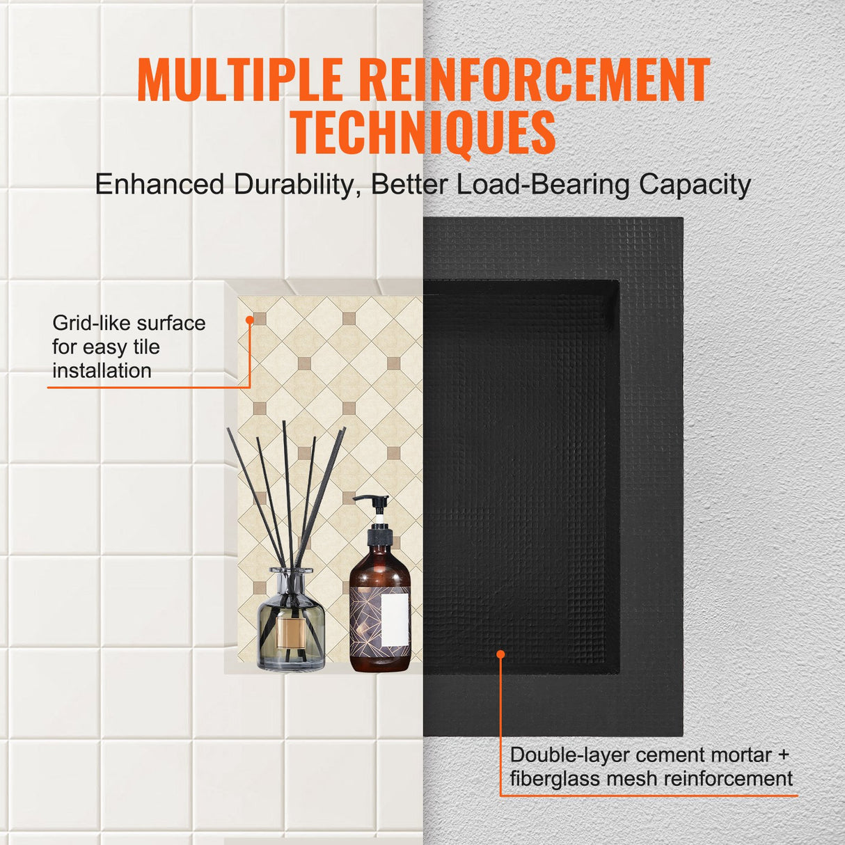 Recessed ready-to-tile shower niche, black, 40 x 40 cm single shelf