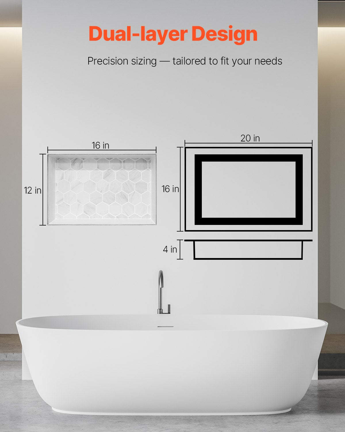 Recessed ready-to-tile double shelf shower niche, 40 x 50 cm