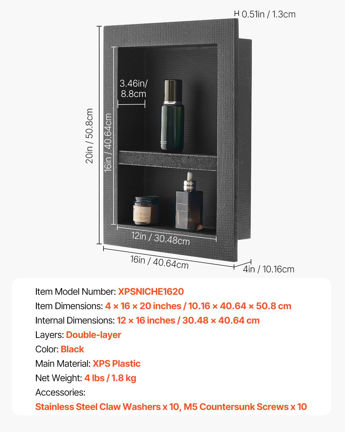 Recessed ready-to-tile double shelf shower niche, 40 x 50 cm