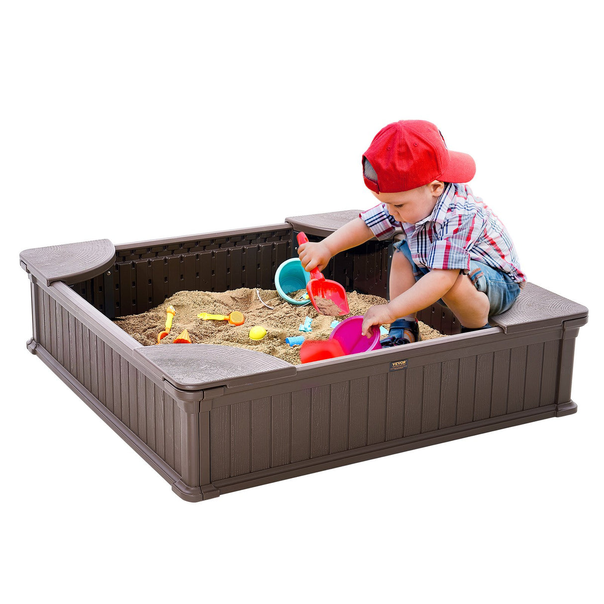 Square Sandbox with Cover and 4 Corner Seats, Brown