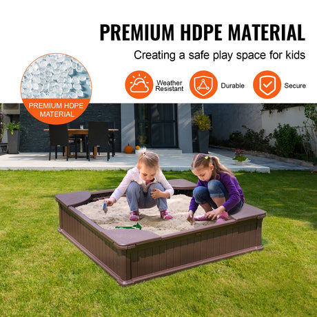 Square Sandbox with Cover and 4 Corner Seats, Brown