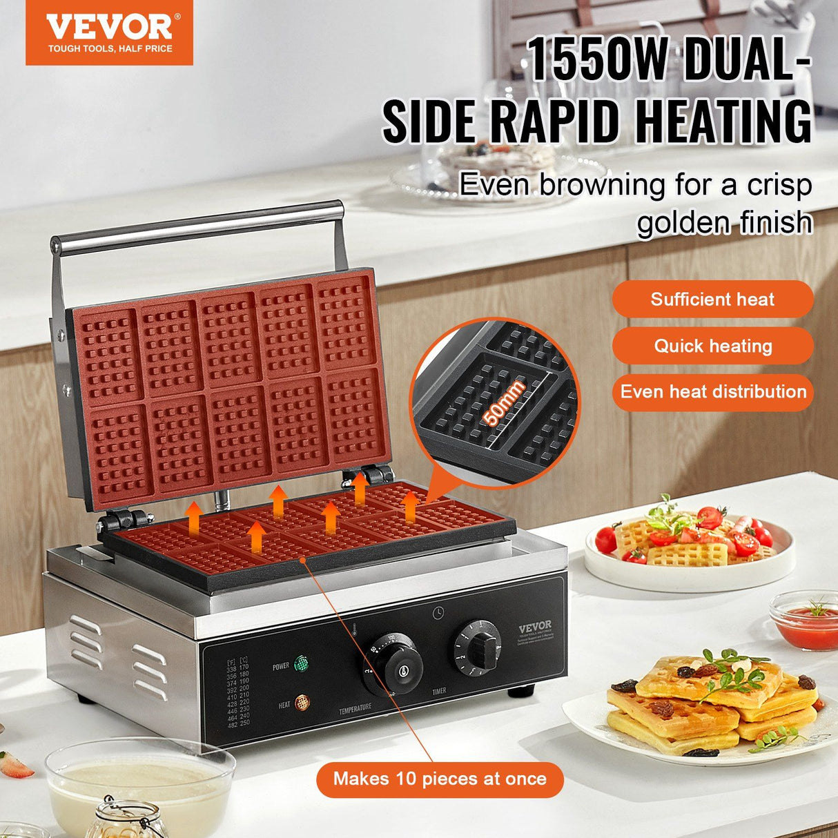 Waffle iron opened to show the non stick rectangle baking plates