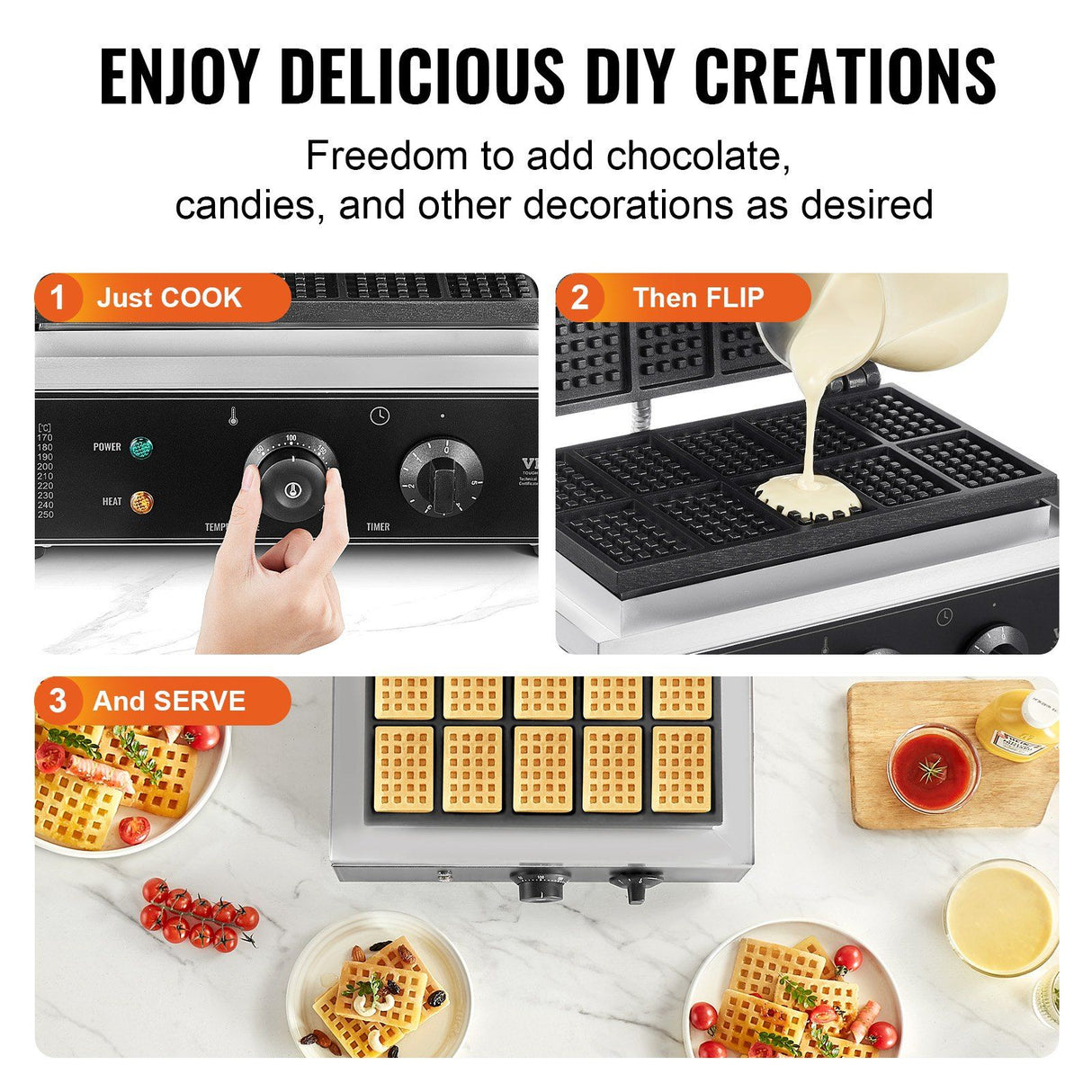 Ten finished rectangle waffles in the commercial waffle iron