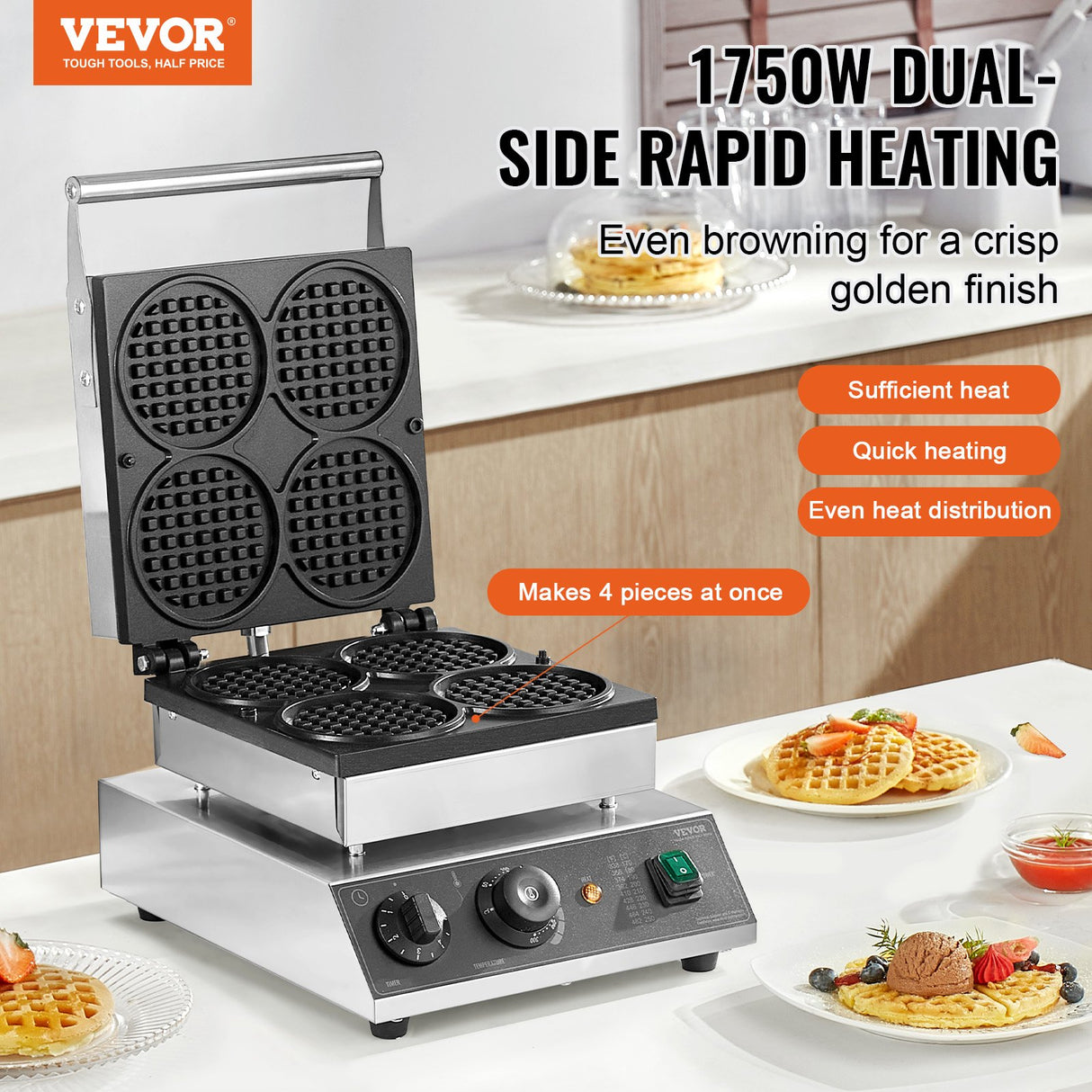 Waffle iron opened showing four round non stick baking plates