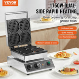 Waffle iron opened showing four round non stick baking plates