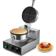 Stainless steel round commercial Belgian waffle maker on a bench
