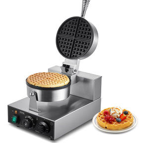 Stainless steel round commercial Belgian waffle maker on a bench