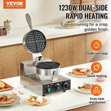 Waffle iron opened showing the round non stick baking plates