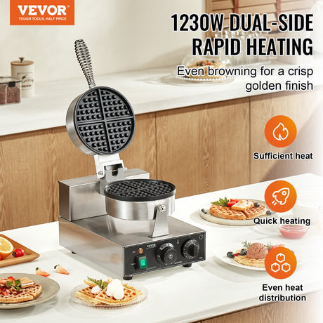 Waffle iron opened showing the round non stick baking plates