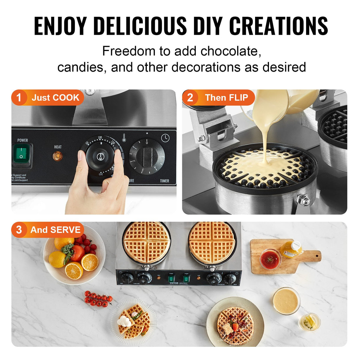 Temperature knobs and timers for each side of the waffle maker