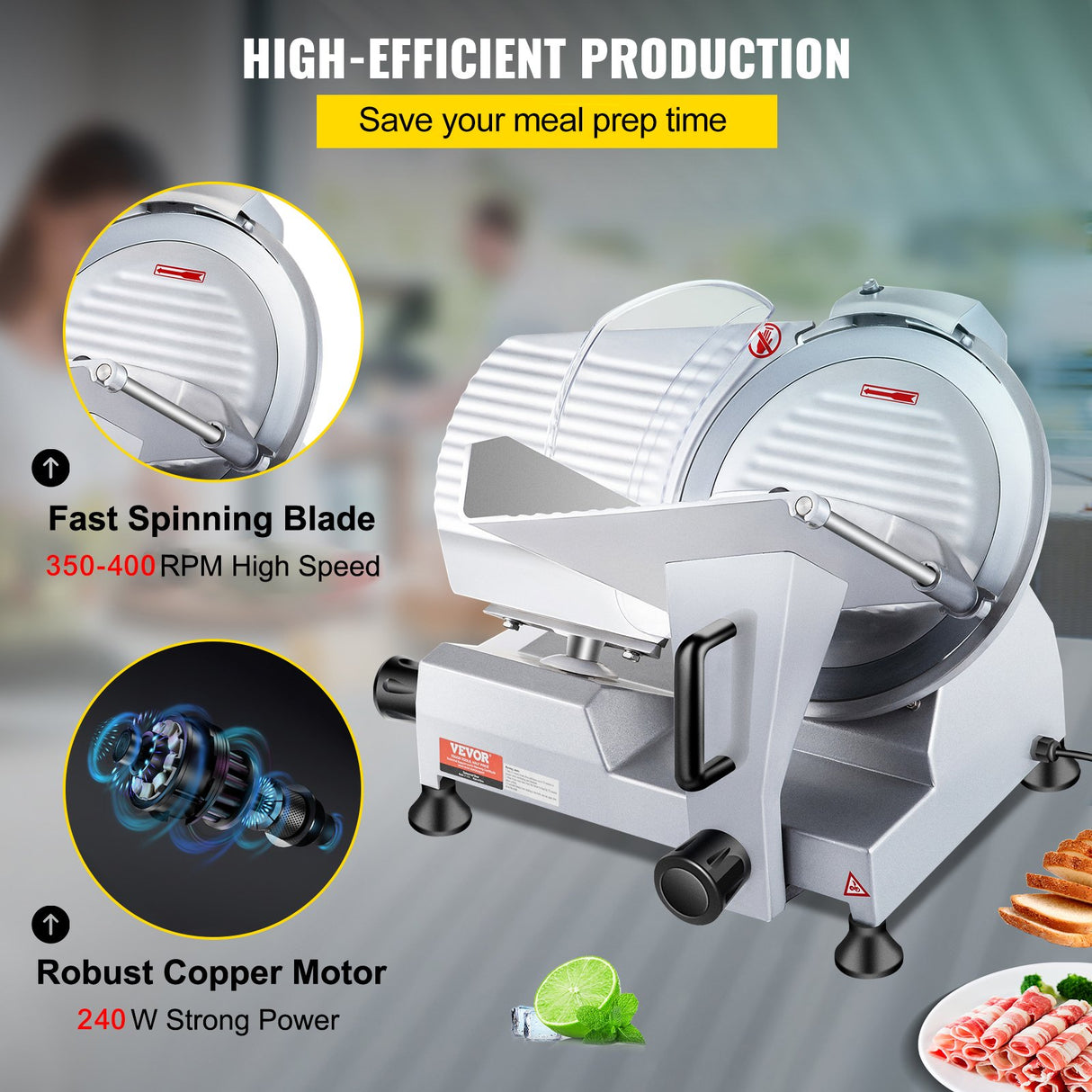 Raised food pusher with spikes holding meat against the slicer blade