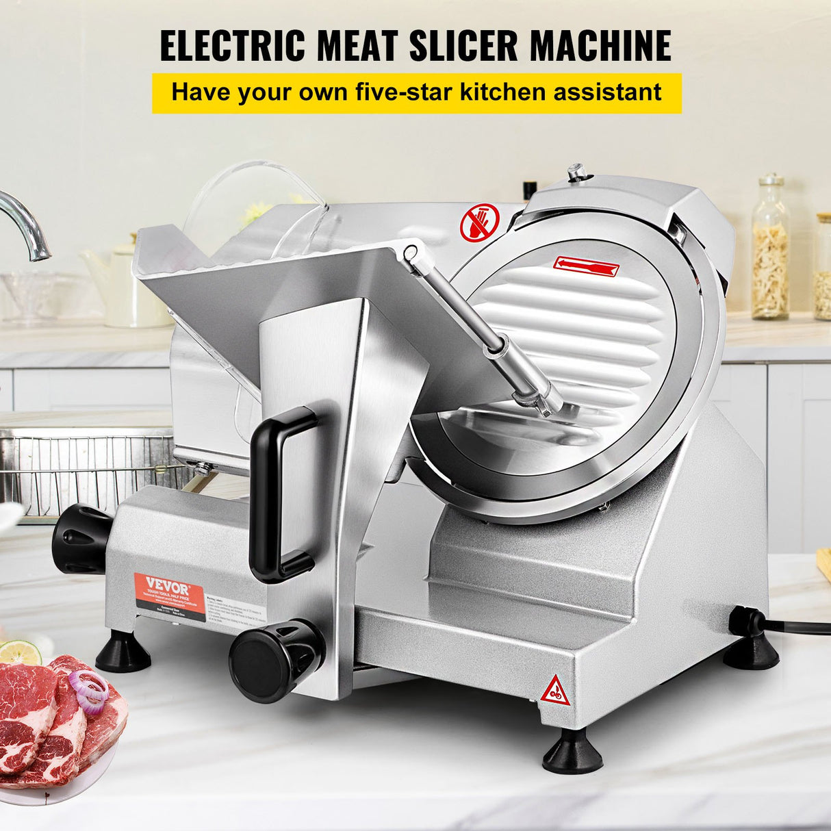 Side view of the 200 W deli slicer showing the thickness adjustment dial