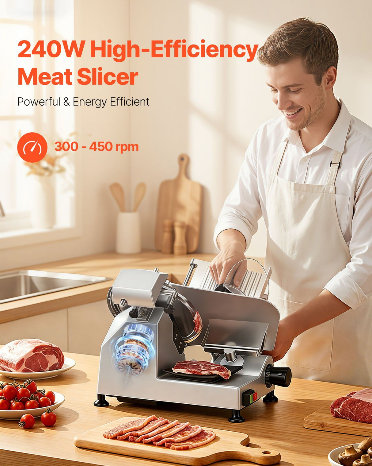 Meat slicer front view showing thickness adjustment knob and safety guard ring handle