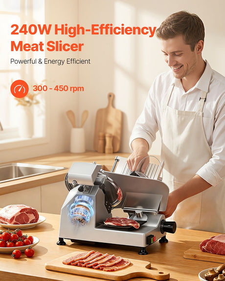 Meat slicer front view showing thickness adjustment knob and safety guard ring handle