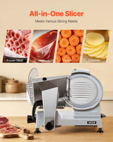 Food pusher with fixed rake feeding meat into the 240 W slicer