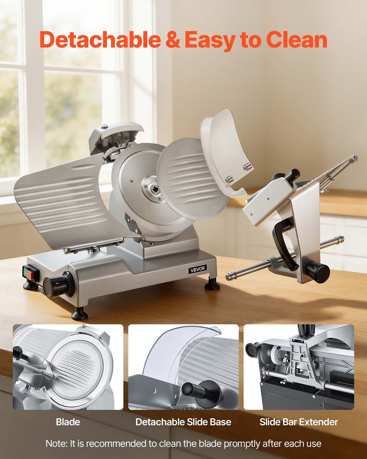 Slicer producing evenly cut slices of ham on the sliding carriage